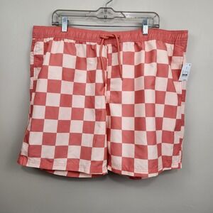 New! MAD ENGINE Men's Checkered Swim Shorts Trunks Peach Coral SZ XL Extra Large